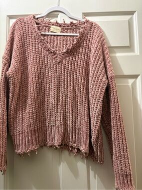 vestique Rose Pink Off-the-Shoulder Waffle-Knit Sweater
